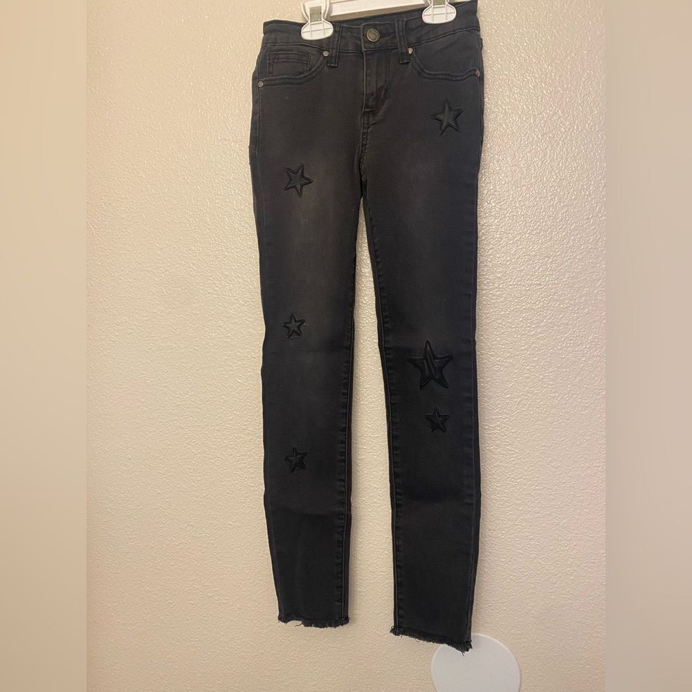 Joes Jeans Skinny long distressed black wash star embroidered frayed girls 12